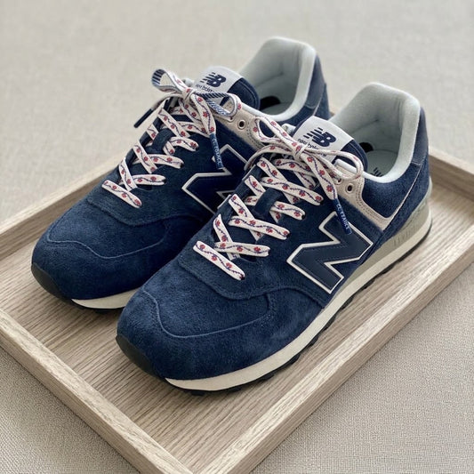 Lacets Double Face imprimés fleurs d'amandier et rayures bleu marine - Edition limitée