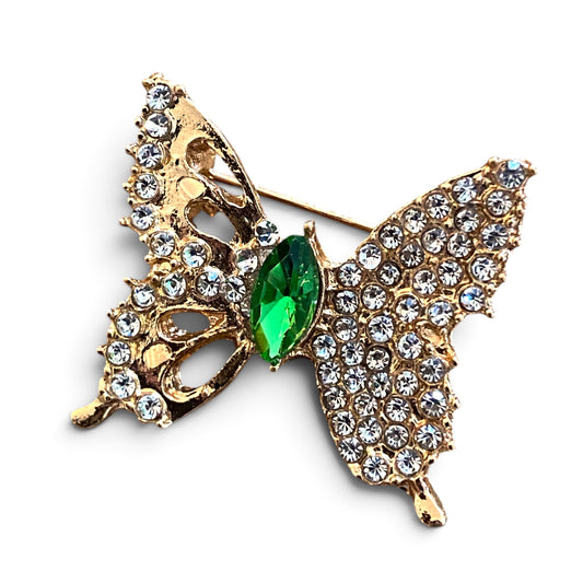 Small gold rhinestone butterfly brooch, green center