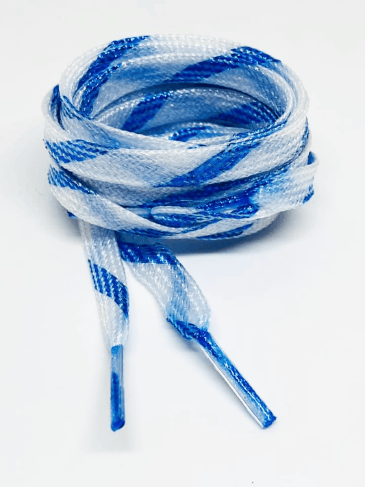 Thin flat glitter laces in two-tone white and royal blue