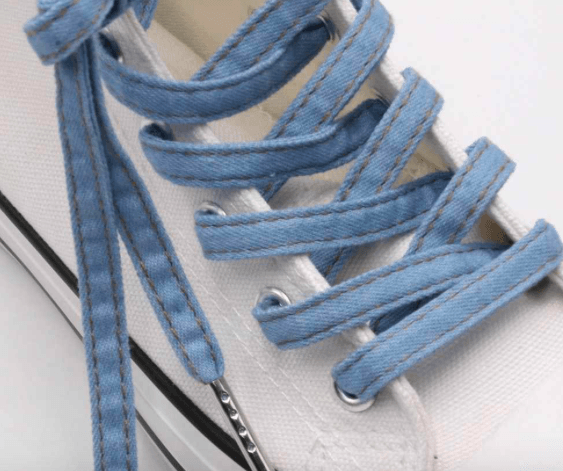 Bleached denim flat laces with metal finish