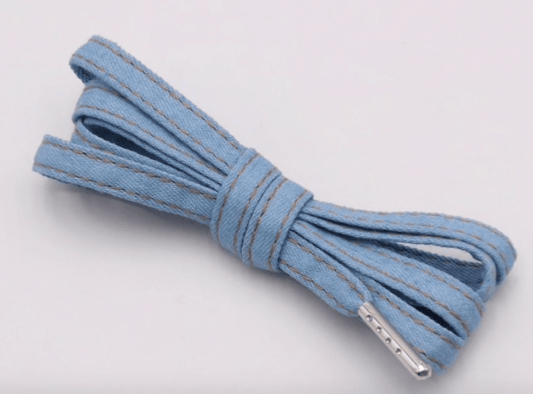 Bleached denim flat laces with metal finish