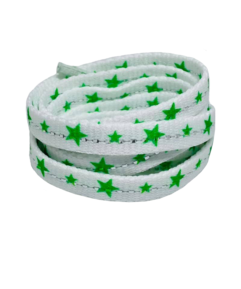 Lacets plats étoiles -  couleur vert fluo sur fond blanc