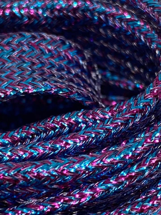 Lacets plats paillettes bleu, violet et fuchsia en Lurex