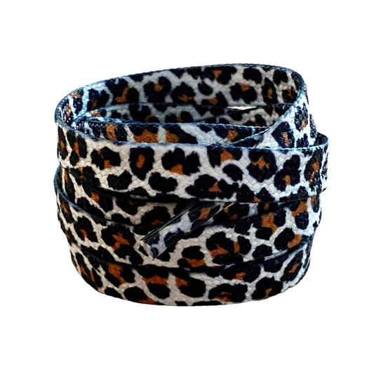 white and brown leopard flat laces