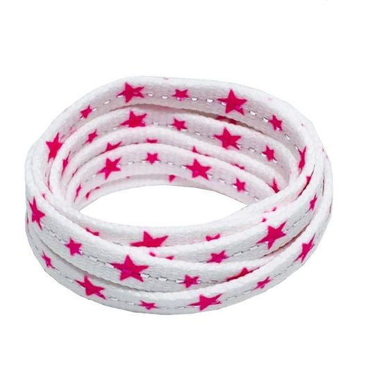 Lacets plats étoiles -  couleur rose fluo sur fond blanc