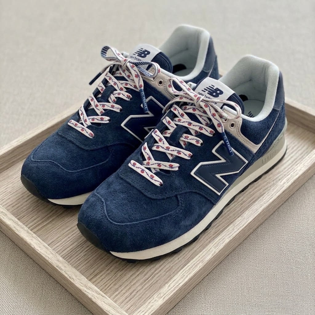 Lacets Double Face imprimés fleurs d'amandier et rayures bleu marine - Edition limitée