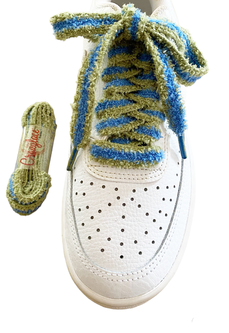 Lacets plats Fluffy bicolore kaki et bleu royal – Style Urban Street, doux comme un nounours