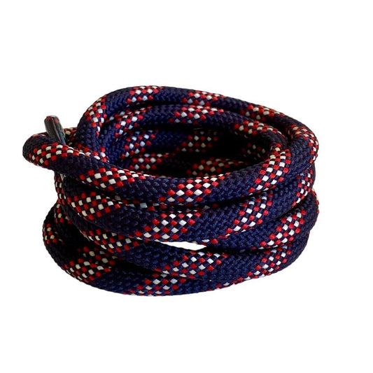Thick round two-tone navy/red laces