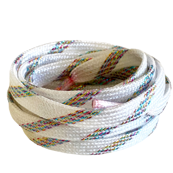 Thin white glitter laces with pink multicolored sparkles.