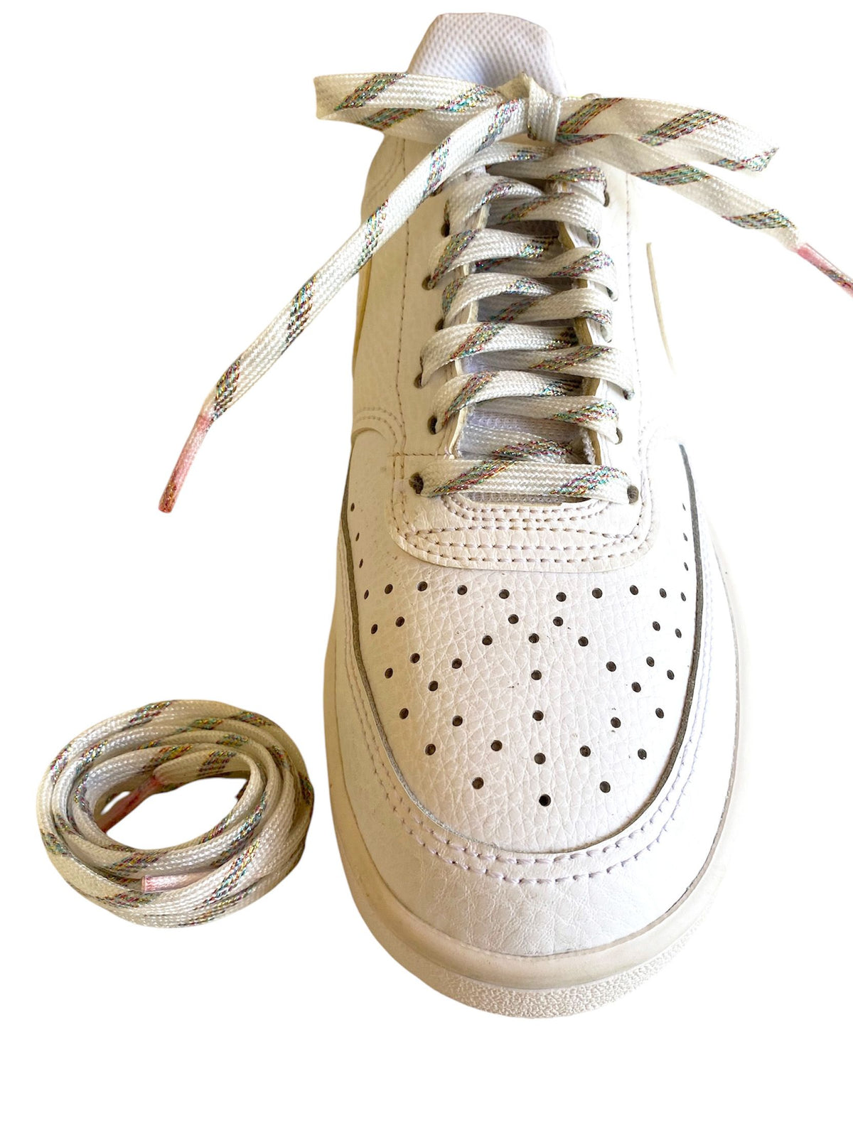 Thin white glitter laces with pink multicolored sparkles.