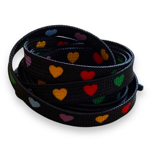 Multicolor heart laces on a black background