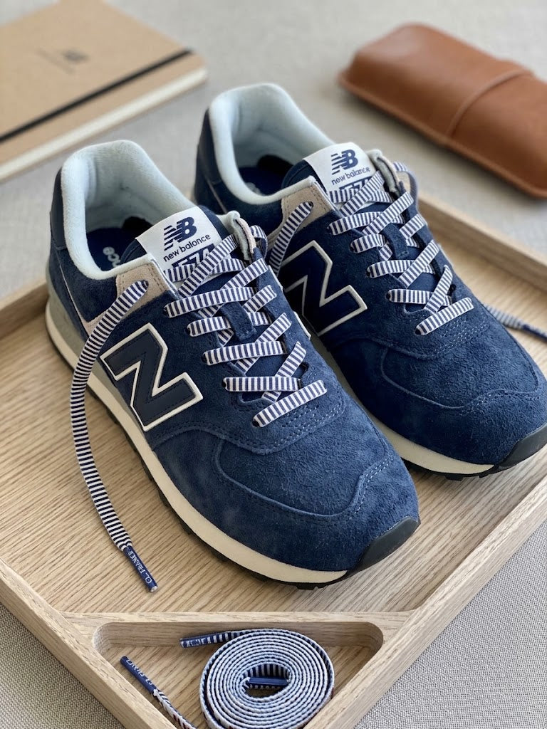 Lacets Double Face imprimés fleurs d'amandier et rayures bleu marine - Edition limitée