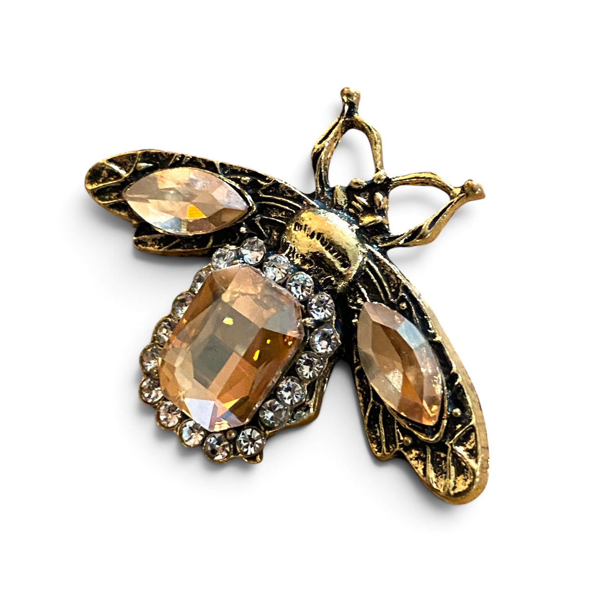 Golden bee brooch with orange rhinestones