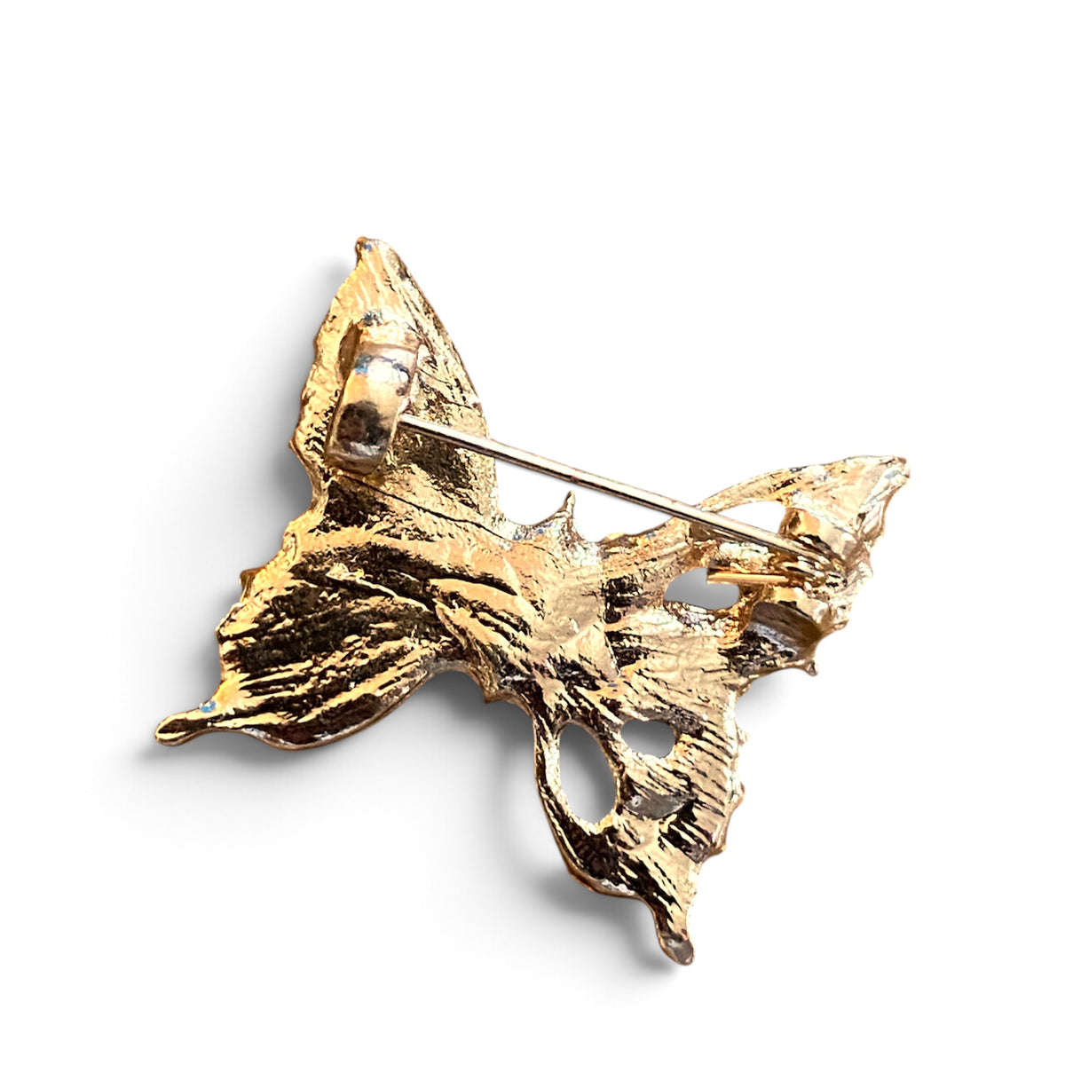 Small gold rhinestone butterfly brooch, green center