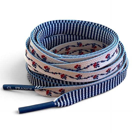 Lacets Double Face imprimés fleurs d'amandier et rayures bleu marine - Edition limitée
