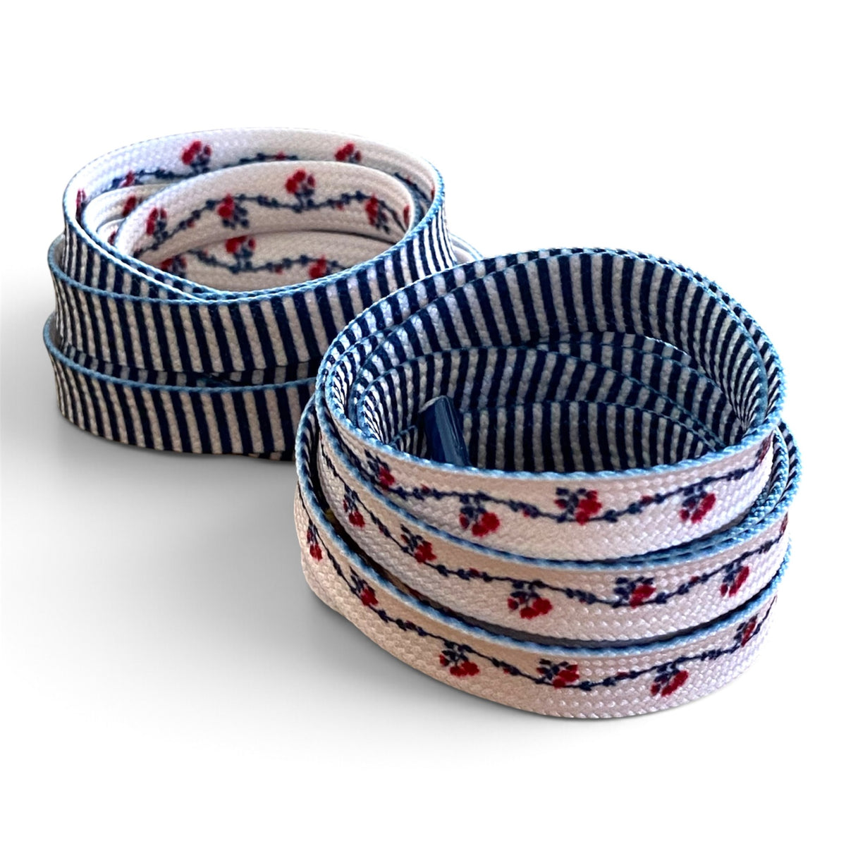 Lacets Double Face imprimés fleurs d'amandier et rayures bleu marine - Edition limitée